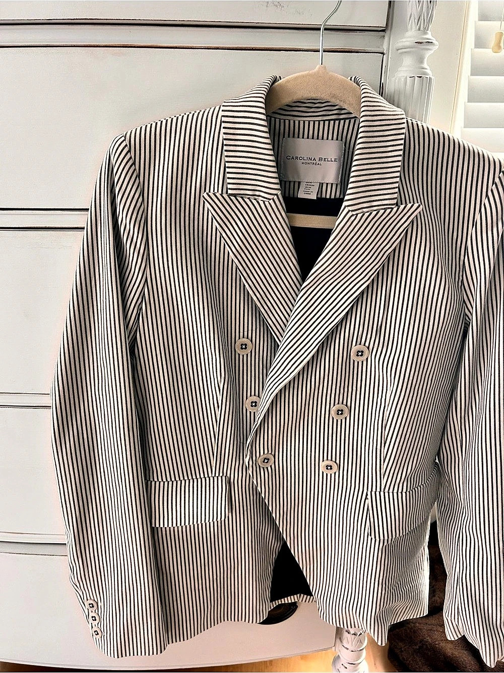 Carolina Belle Striped Classic Fit Double Breasted Blazer in White & Black like